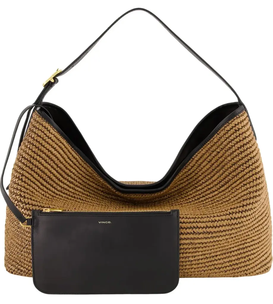 Vince hobo bag with raffia material and a black leather trim and strap
