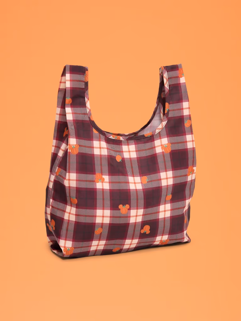 Old Navy Disney fall collection; brown plaid packable tote bag with Mickey Mouse pumpkin details