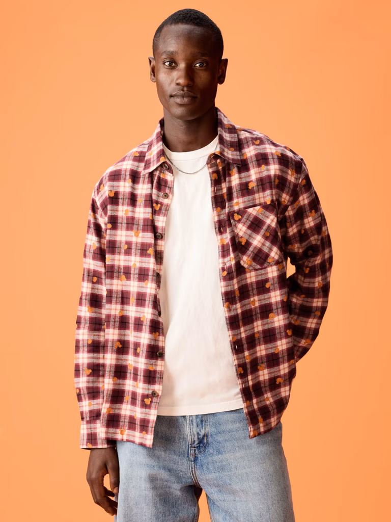 Old Navy Disney fall collection; burgundy plaid flannel with hidden Mickey pumpkin detailing
