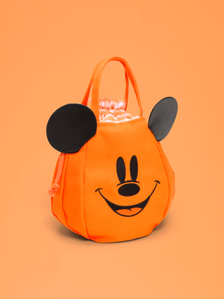 Old Navy Disney fall collection; Mickey Mouse orange mini bucket bag with black accents and a plaid lining