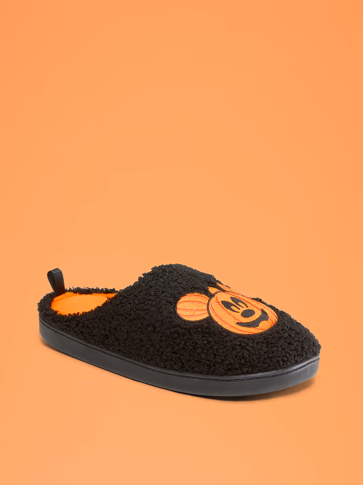 Old Navy Disney fall collection; black sherpa halloween Mickey Mouse slippers