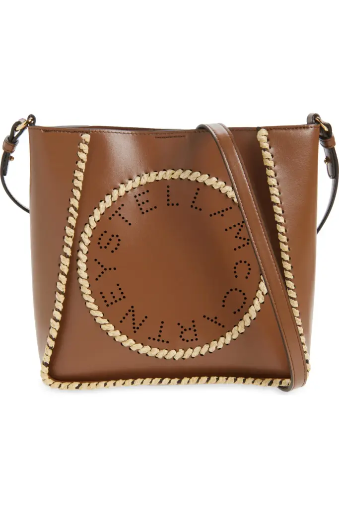 Stella McCartney brown leather crossbody bag with raffia trim