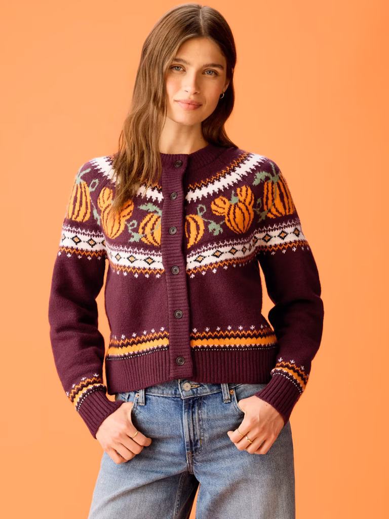 Old Navy Disney fall collection; brown patterned cardigan with hidden Mickey pumpkins