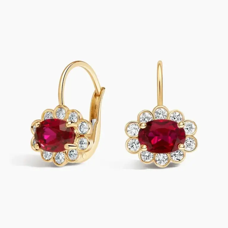 Brilliant Earth Elizabeth Taylor Lab Ruby and Diamond Bezel Halo Drop Earrings